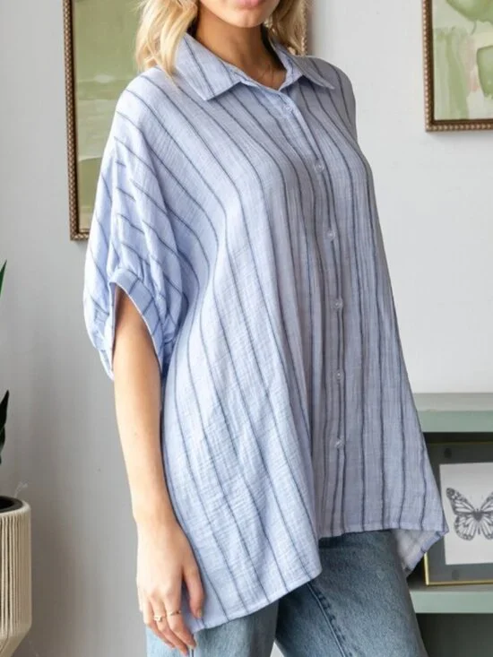 T11. Blue Striped Oversized Button-Down Shirt - Picture 2 of 6